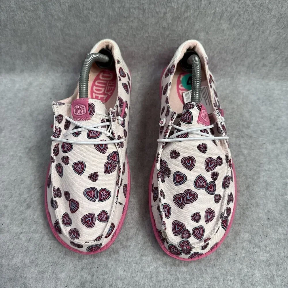 Hey Dude Shoes Youth 4 Wendy White Pink Slip On Heart Print Comfort Shoes New